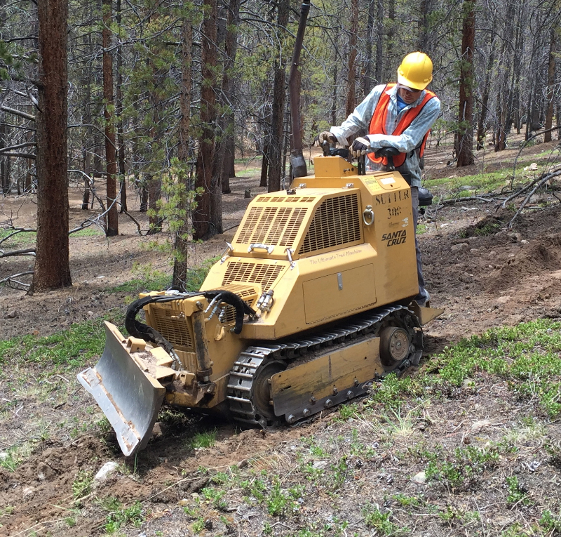 Construction crew building a sustainable hiking trail in a forested area with Conservation United surety bond overlay