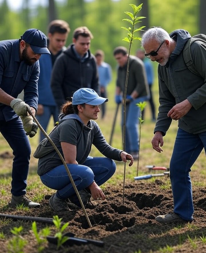 Group of volunteers planting trees in a national park, highlighting community conservation efforts