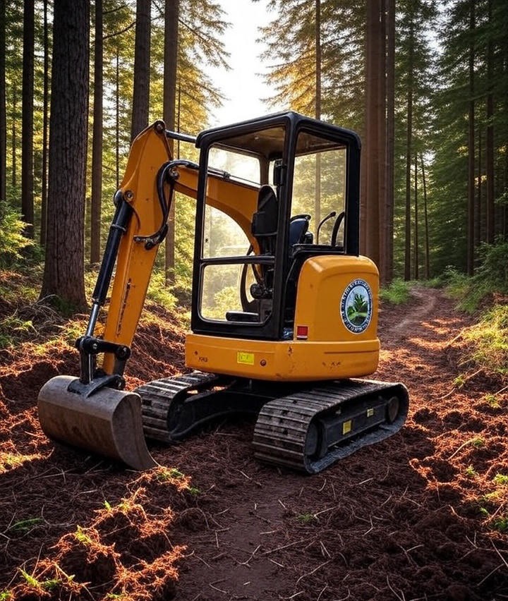 Close-up of mini-excavator used in trail building, protected by Conservation United insurance