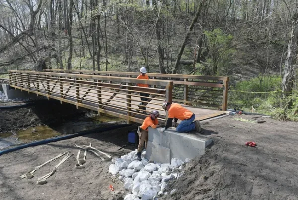 Workers building an eco-friendly bridge in a forested area, backed by Conservation United surety bonds for project assurance