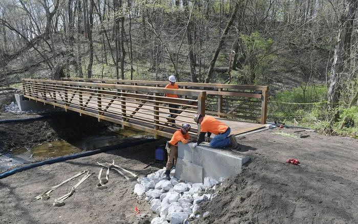 Workers building an eco-friendly bridge in a forested area, backed by Conservation United surety bonds for project assurance