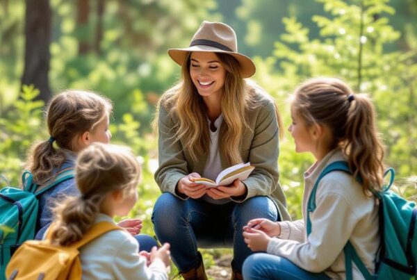 Small group of preschool-age children and a teacher exploring a wooded trail during a nature school session