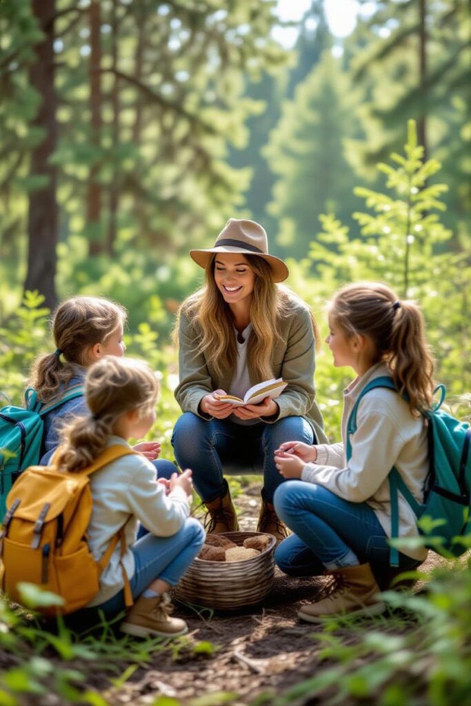 Small group of preschool-age children and a teacher exploring a wooded trail during a nature school session