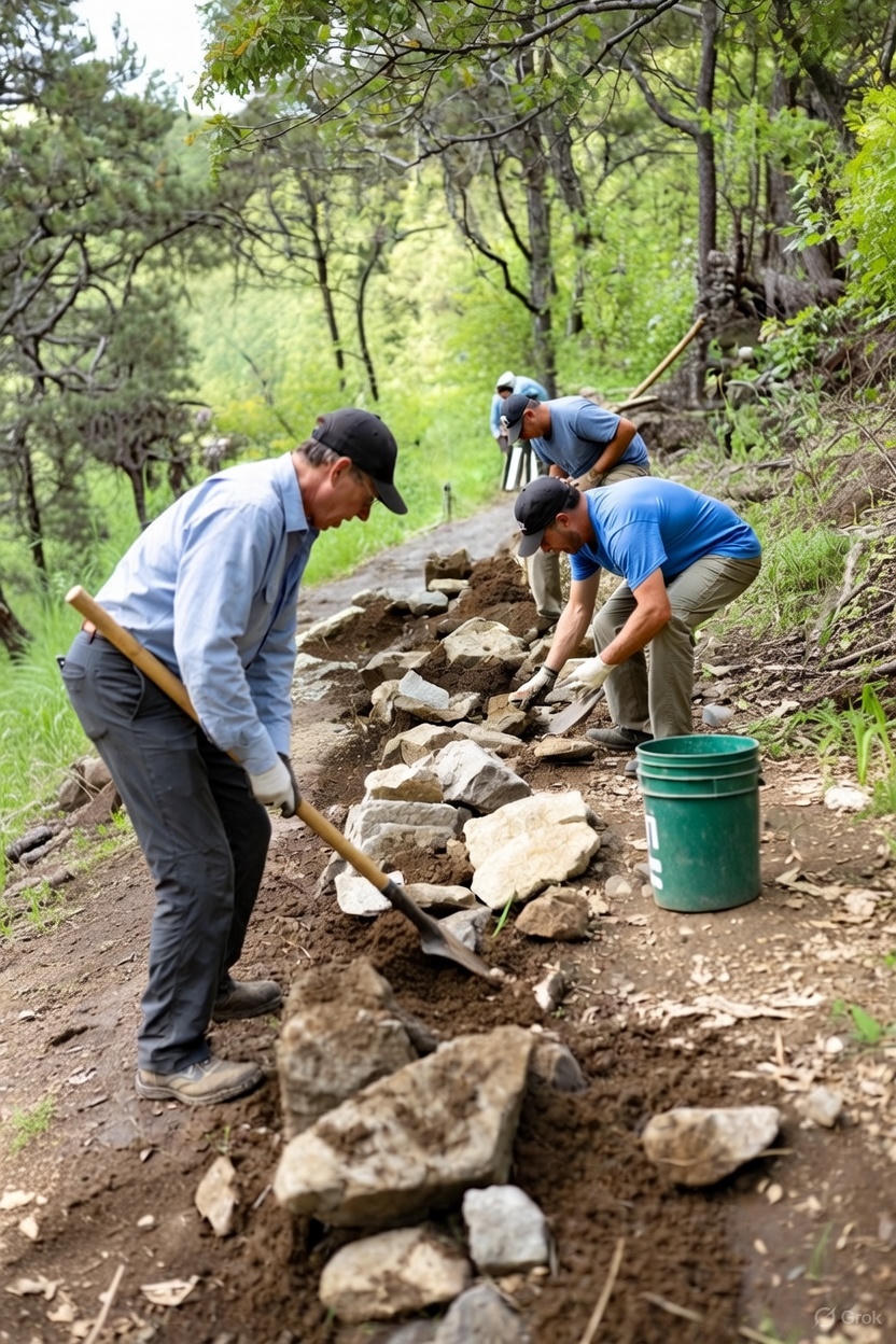 Team restoring a forest trail amid spring scenery