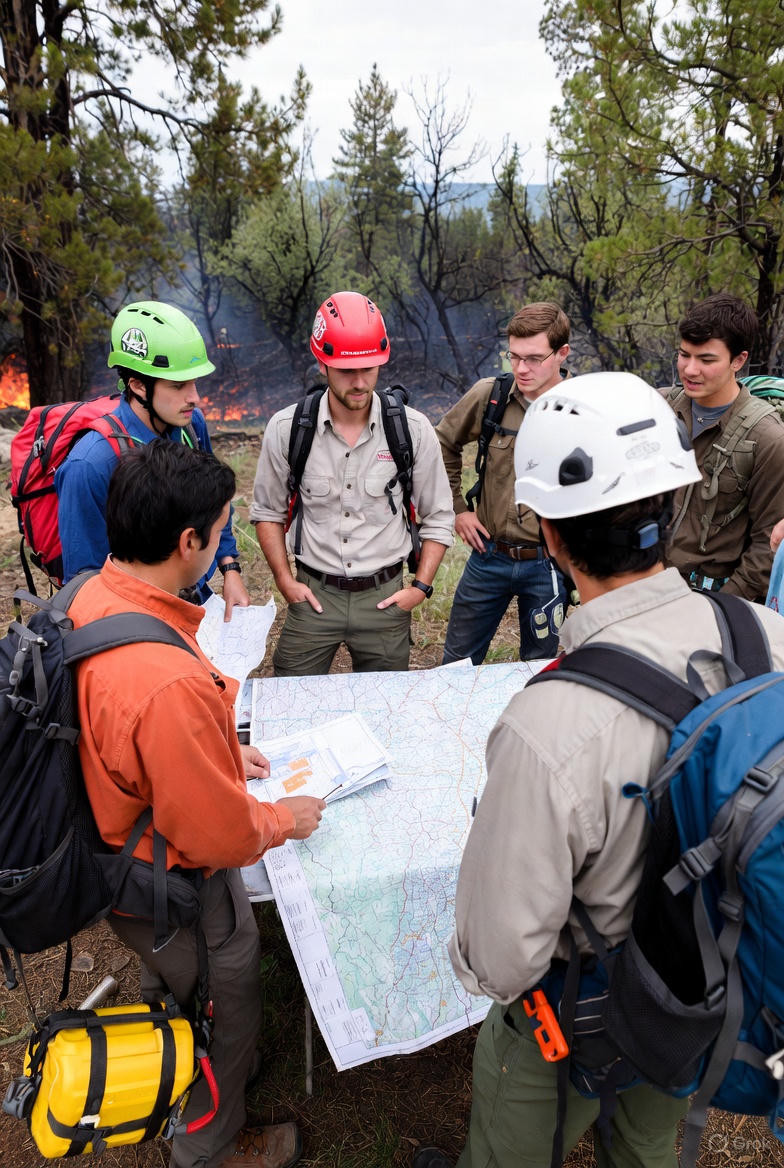 Group of conservationists in safety gear discussing a prescribed fire plan on-site