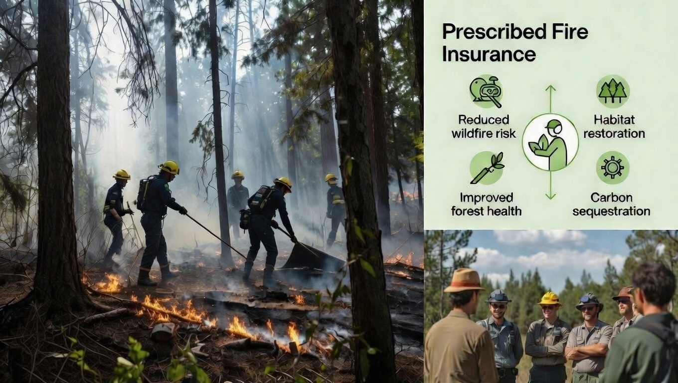 Composite image of firefighters conducting a prescribed fire in a forest alongside a conservation team discussing benefits like reduced wildfire risk and habitat restoration, with Conservation United branding