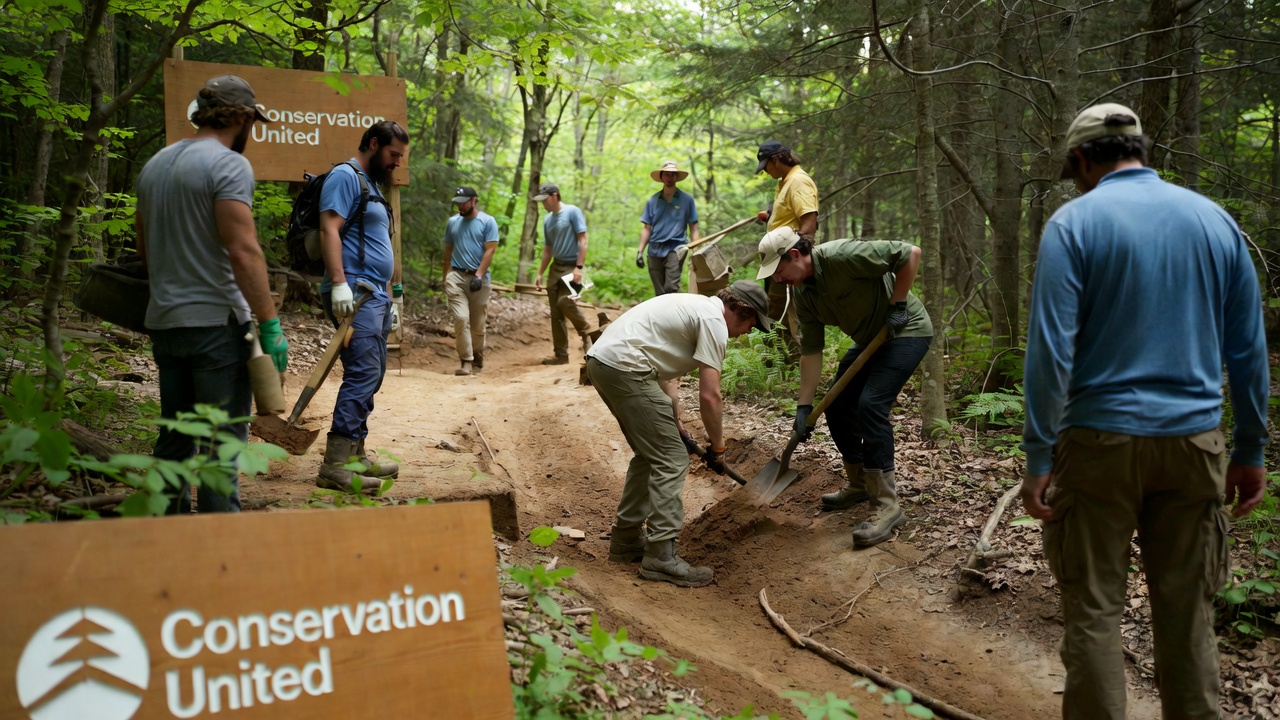Professional trail construction crew maintaining a scenic mountain path protected by Conservation United insurance