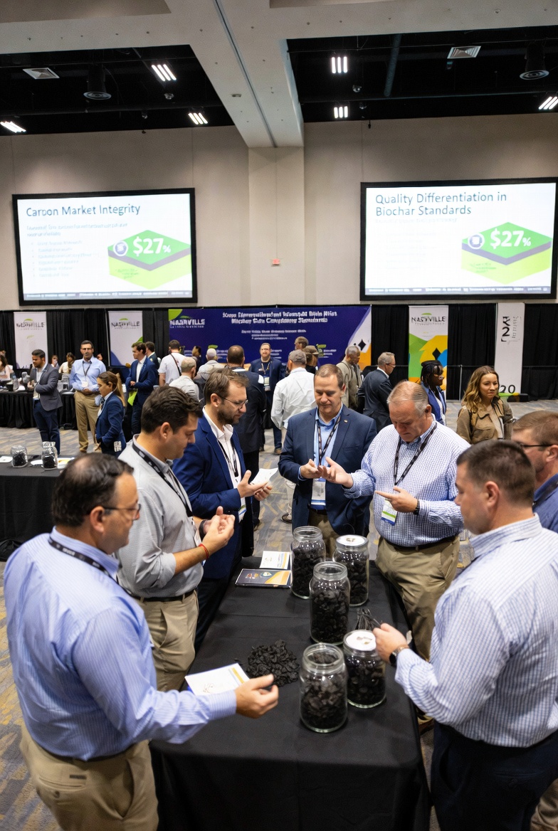 Attendees at the 2026 North American Biocarbon Conference in Nashville examining biochar samples while reviewing digital displays on carbon market integrity and quality differentiation