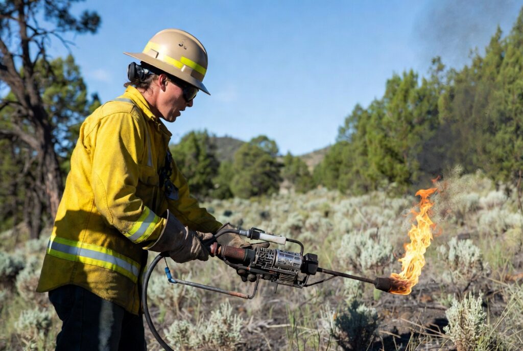 Land manager in protective gear using a drip torch for a prescribed fire in dry grassland habitat
