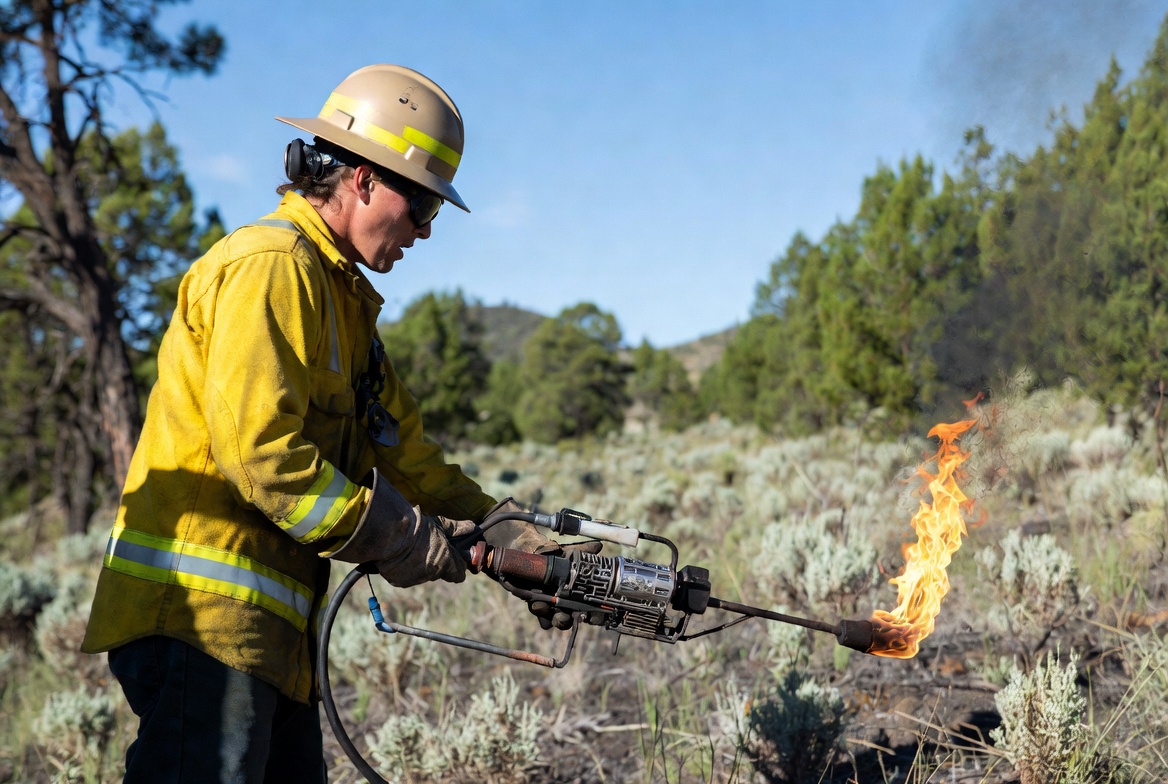 Land manager in protective gear using a drip torch for a prescribed fire in dry grassland habitat