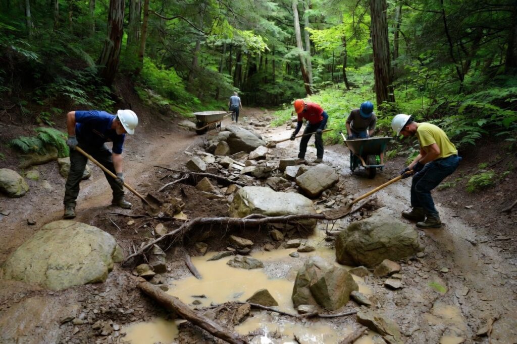 Crew performing trail maintenance near a stream in woodland setting
