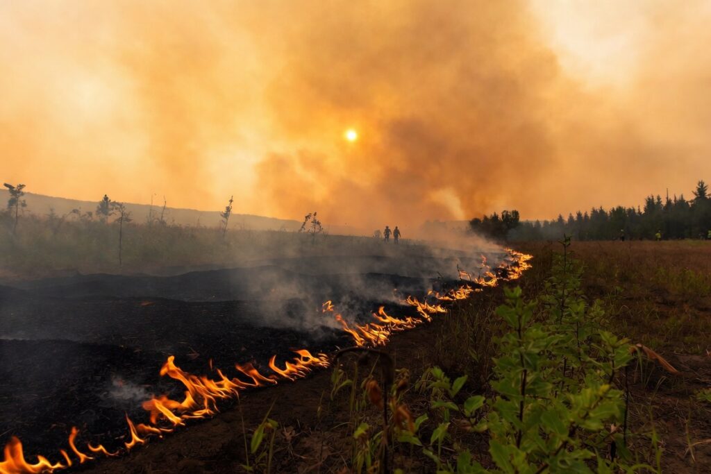 Controlled low-intensity prescribed fire with small flames moving across a field during golden hour, monitored by professionals with clear containment lines, highlighting safe land management practices.