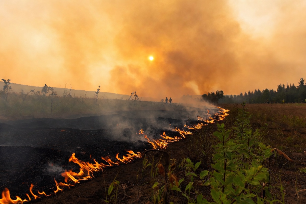 Controlled low-intensity prescribed fire with small flames moving across a field during golden hour, monitored by professionals with clear containment lines, highlighting safe land management practices.