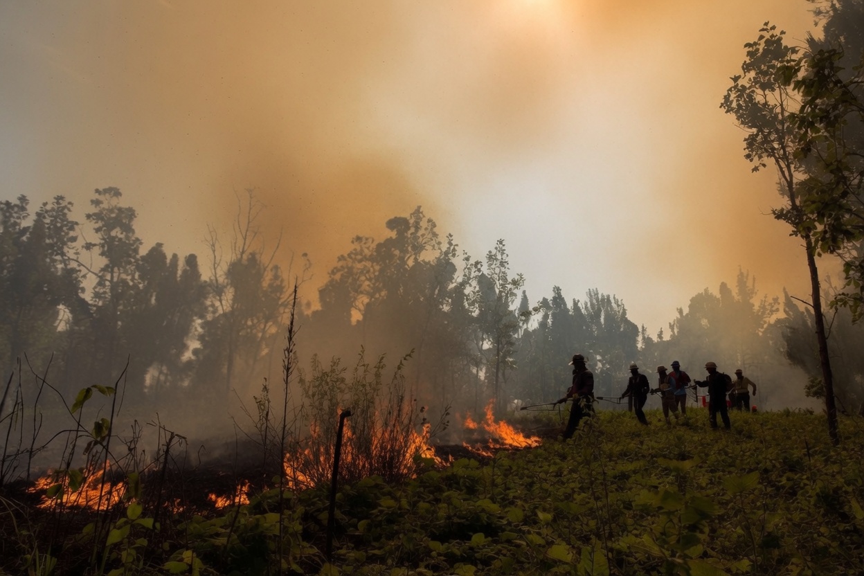 Prescribed fire controlled burn on conservation land with smoke and practitioners