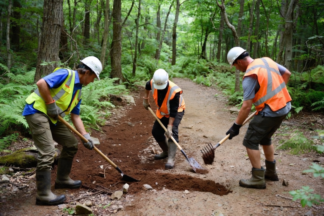 Conservation volunteers performing trail maintenance with tools on a forested path
