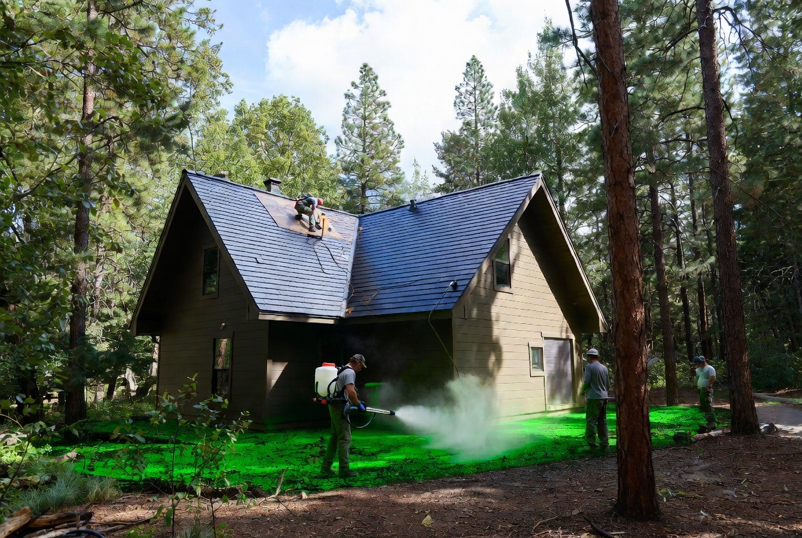 Professional crew performing home hardening on a cabin while applying green plant-based fire retardant to create defensible space and perimeter defense