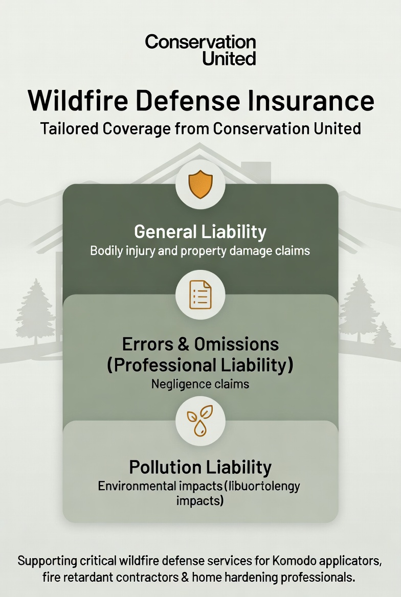 Infographic from Conservation United showing tailored Wildfire Defense Insurance coverages: General Liability for bodily injury and property damage, Errors & Omissions (Professional Liability) for negligence claims, and Pollution Liability for environmental impacts, supporting Komodo fire retardant applicators and home hardening contractors.