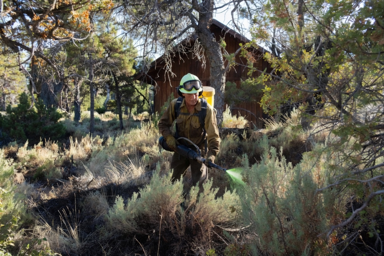 Trained wildfire defense applicator in full PPE using backpack sprayer to apply fire retardant around a cabin in the woods for precise perimeter defense and firebreaks