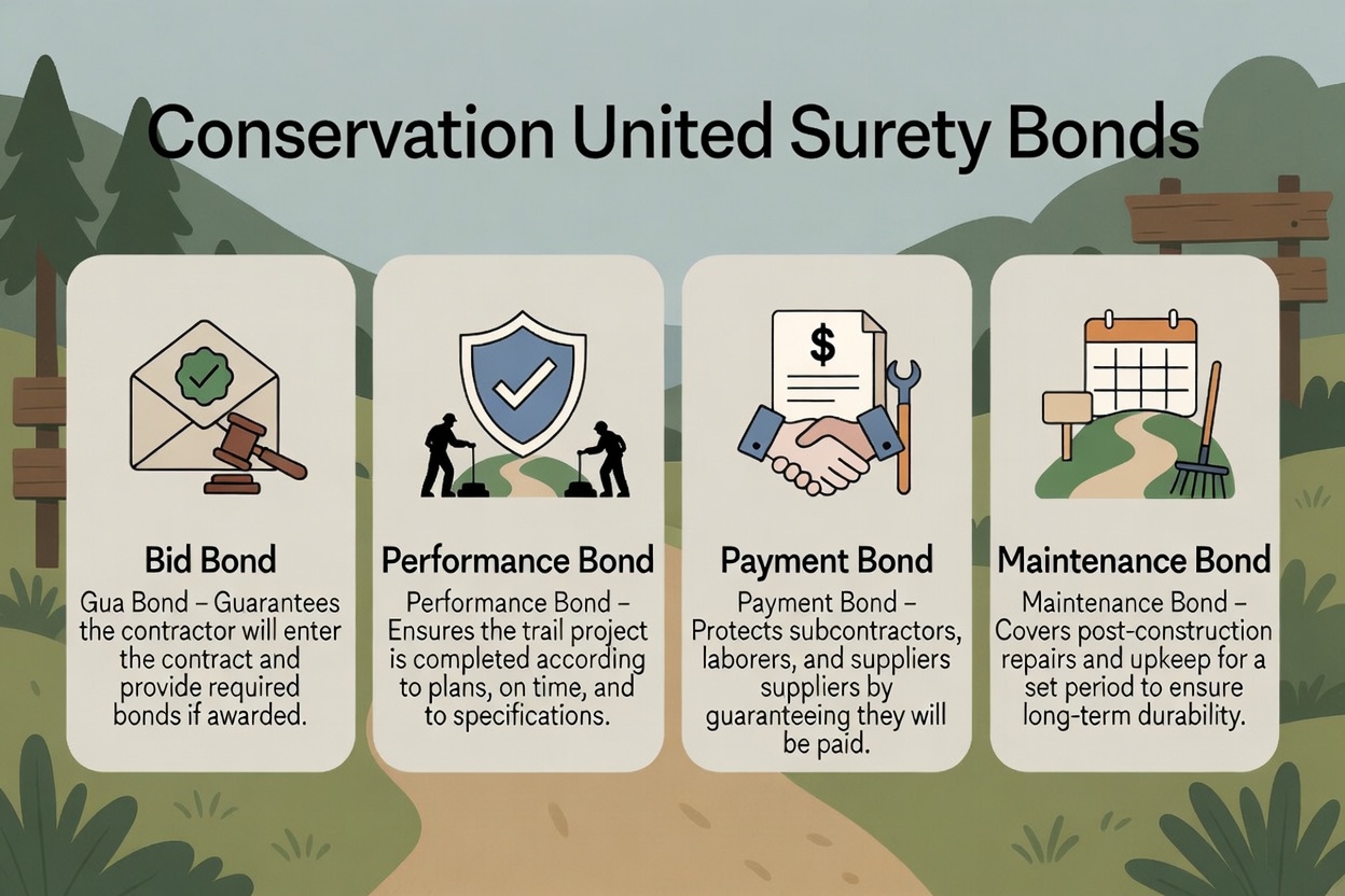 Infographic showing performance, payment, bid, and maintenance surety bonds for trail construction by Conservation United
