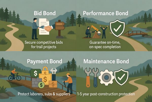 Infographic showing four main surety bond types for trail projects: Bid Bond, Performance Bond, Payment Bond, and Maintenance Bond with illustrated trail scenes