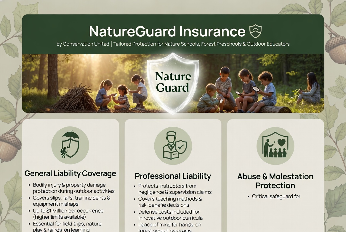 Infographic of Conservation United’s NatureGuard insurance showing general liability, professional liability, and abuse/molestation protection tailored for nature schools, forest preschools, and outdoor educators