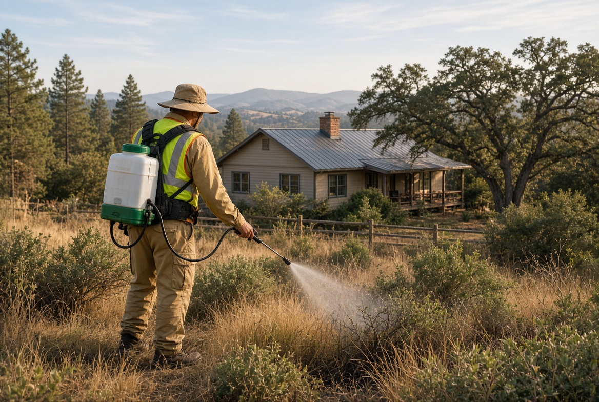 Wildfire defense contractor spraying plant-based fire retardant on vegetation near homes at the wildland-urban interface
