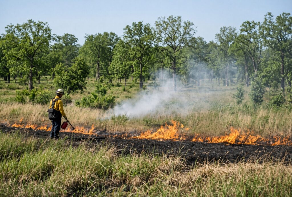 Land manager conducting a controlled prescribed burn on grassland with safety equipment and low flames under clear sky