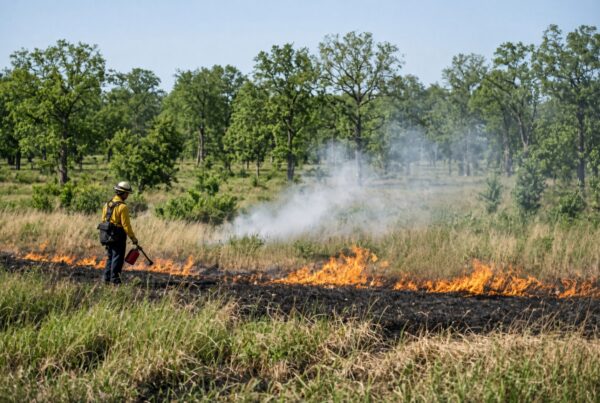 Land manager conducting a controlled prescribed burn on grassland with safety equipment and low flames under clear sky