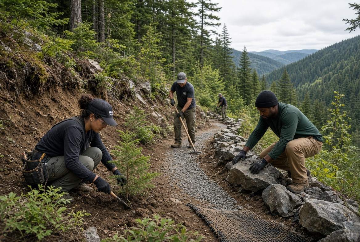 Trail construction workers installing boardwalk and native vegetation on a forested path secured by Conservation United surety bonds