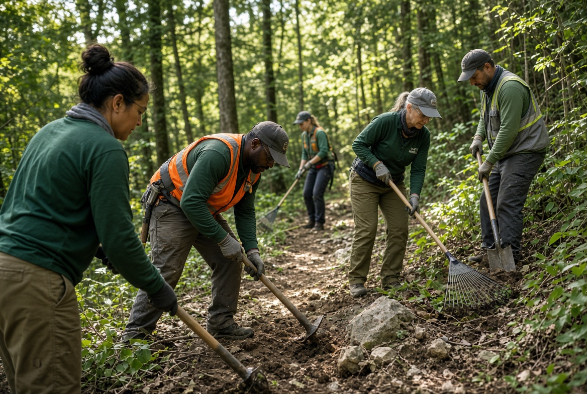 Conservation volunteers and staff constructing a durable hiking trail through forested terrain with proper safety gear