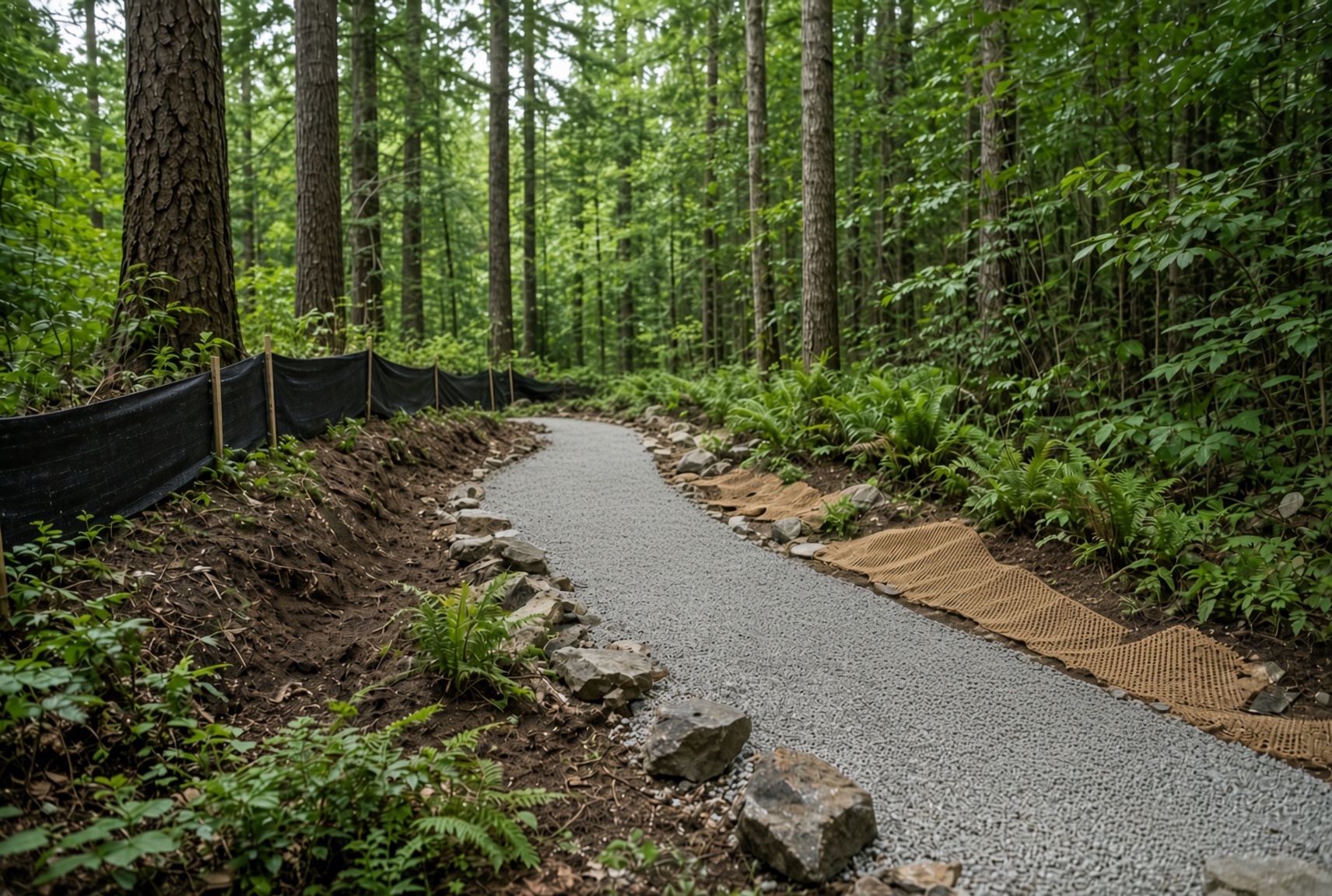 Construction crew installing an accessible multi-use trail through forested landscape with erosion-control measures visible