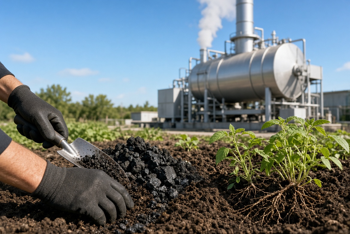 Workers applying biochar to agricultural soil next to a pyrolysis production unit, illustrating Conservation United biochar insurance protection for sustainable farming