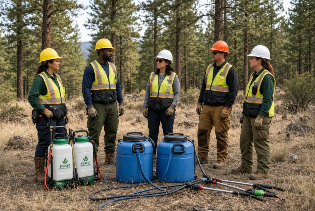 Conservation team and equipment ready for wildfire mitigation and retardant application work