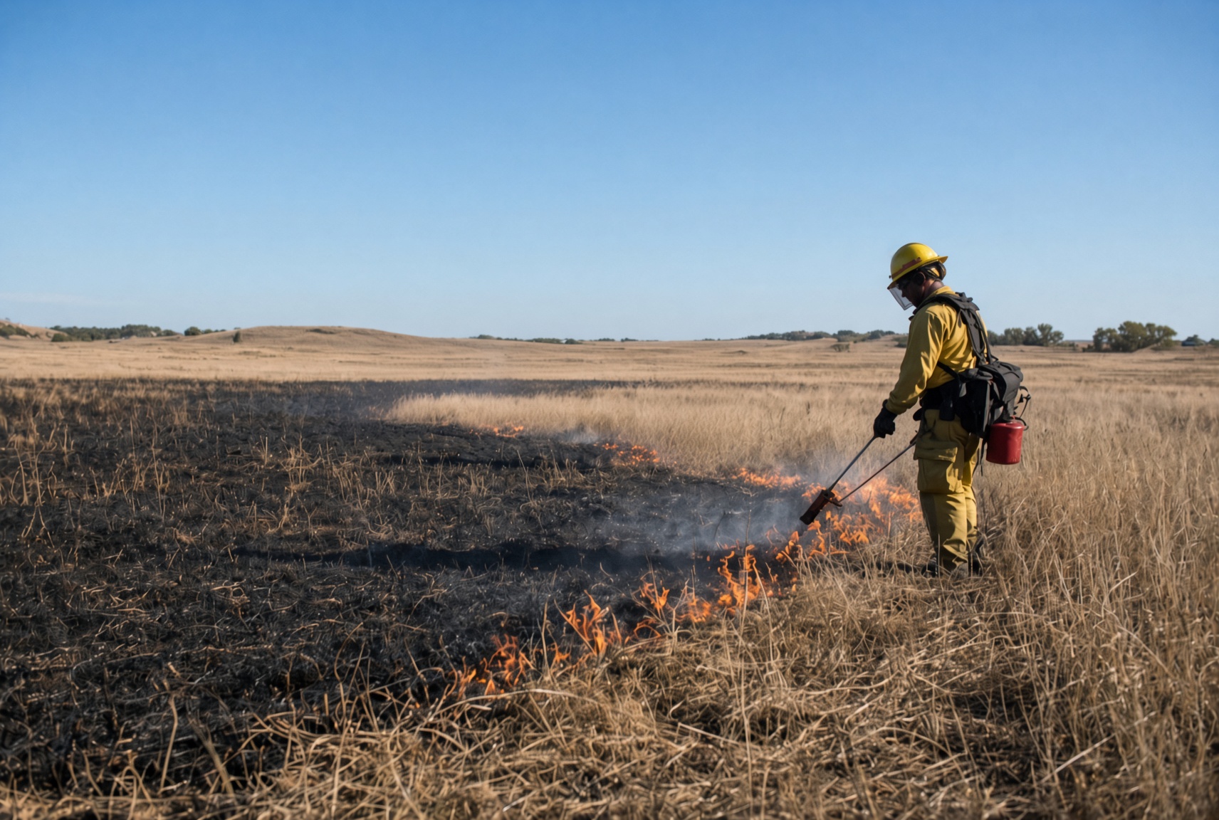 Trained crew using drip torches during a prescribed fire on open grassland under clear weather conditions