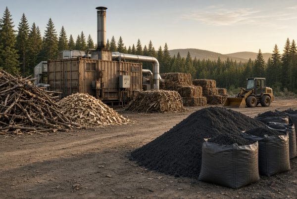 Stainless pyrolysis unit beside screened biochar piles at a rural U.S. biomass yard