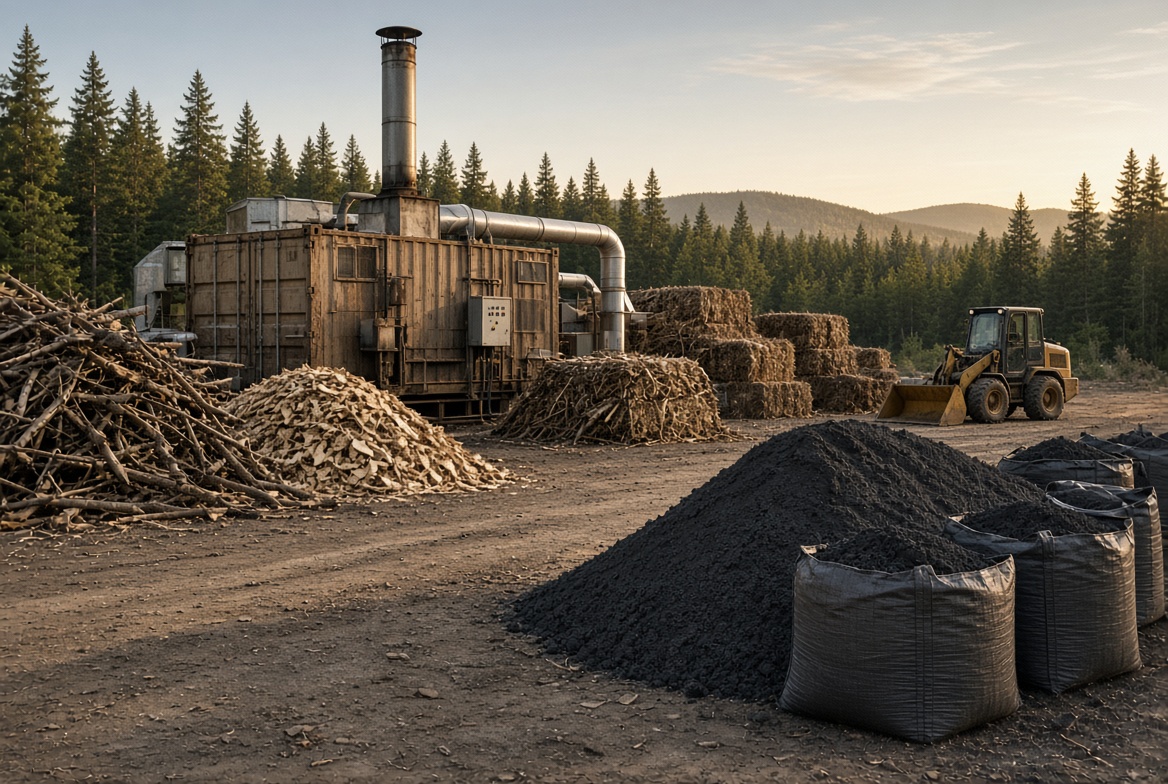 Stainless pyrolysis unit beside screened biochar piles at a rural U.S. biomass yard