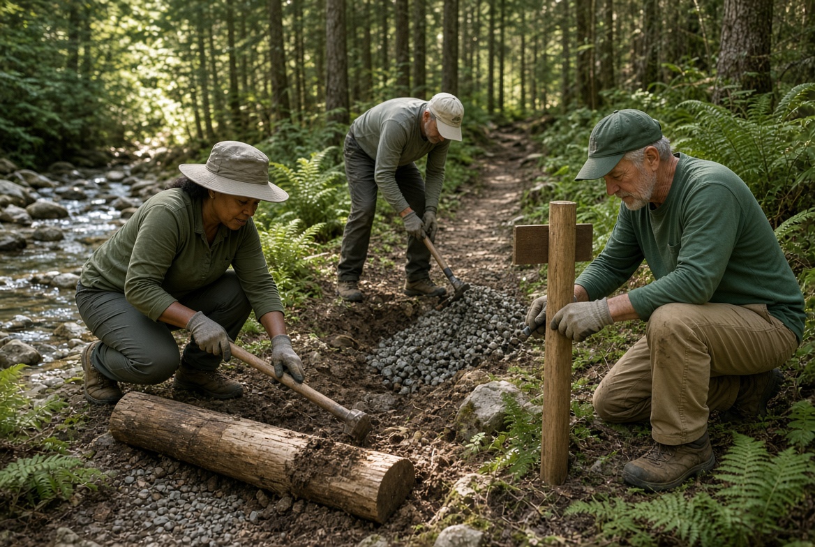 Diverse Friends Group volunteers using hand tools to repair a public park trail beside a forested stream